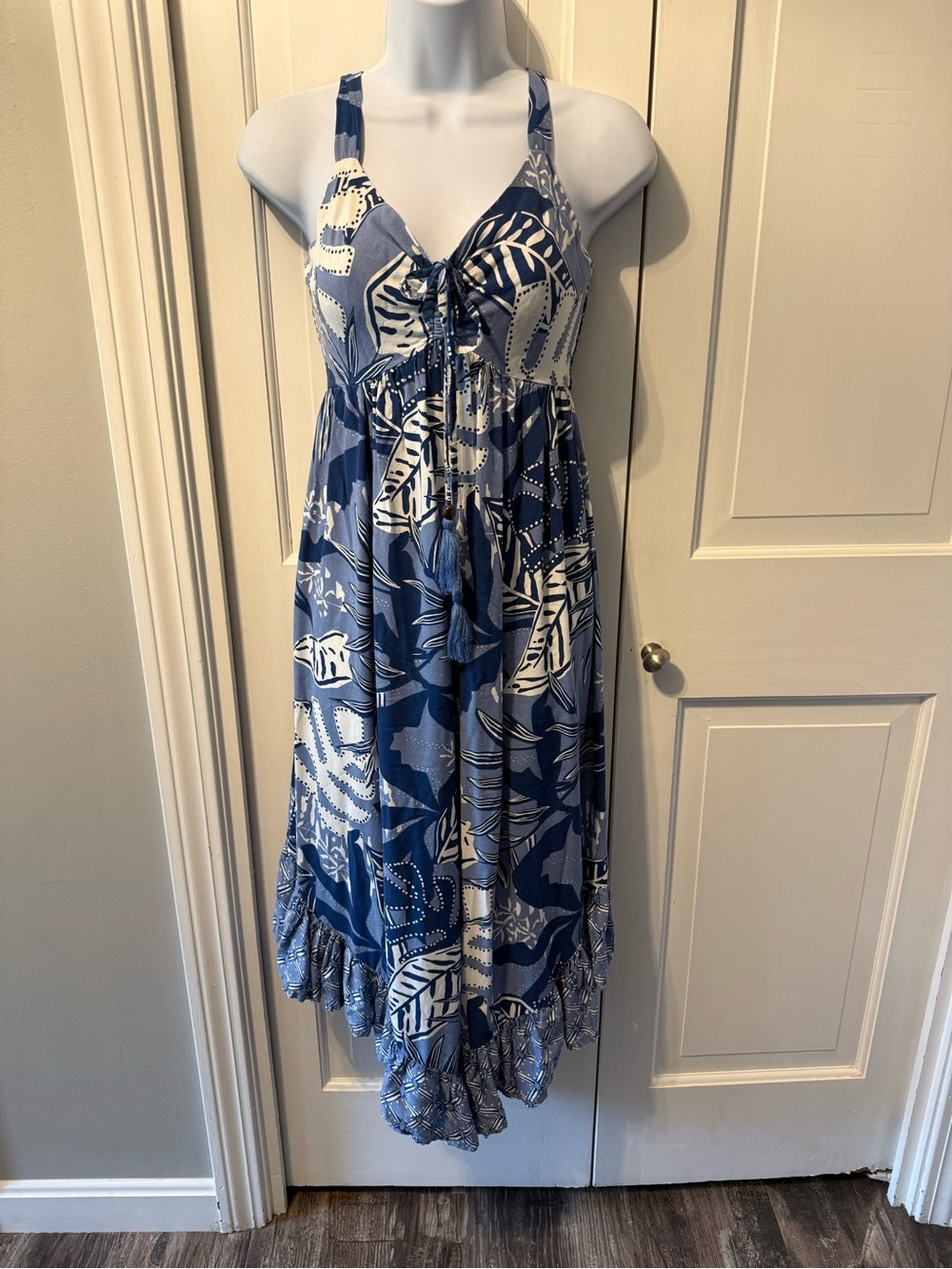 GOA Jasper Beachwear Blue and White Tropical Maxi Jumpsuit with Front Tie